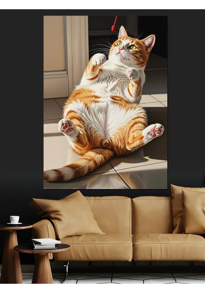 Ahşap Tablo Güneşlenen Komik Ve Şişman Kedi