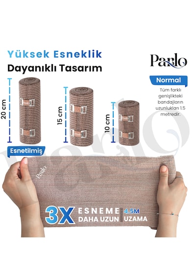 Parlo Elastik Bandaj 3 Lü Set 10-15-20 Cm %300 Esnek, 4,5 M Ye Kadar Uzayan, Metal Kancalı Destek Sargı Seti