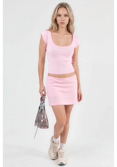 Hiccup Busem Slim Fit Ribana U Yaka Bluz Toz Pembe