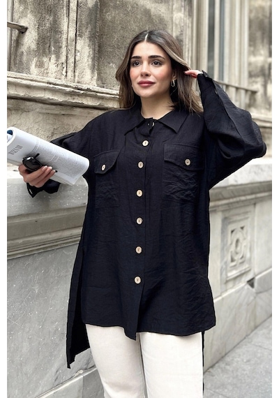 WeShaya Kadın Siyah Balon Kol, Pileli, Yırtmaçlı, Oversize, Keten Tunik Gömlek Siyah