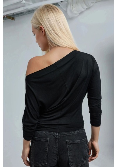 Hiccup Asimetrik Yaka Uzun Kollu Esnek Örme T-shirt Siyah