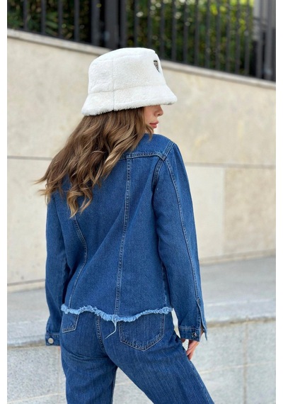 Kadın Mavi Çift Cepli, Eteği Püsküllü, Kaliteli Jeans Kumaş, Rahat Kesim, Kot Ceket Mavi