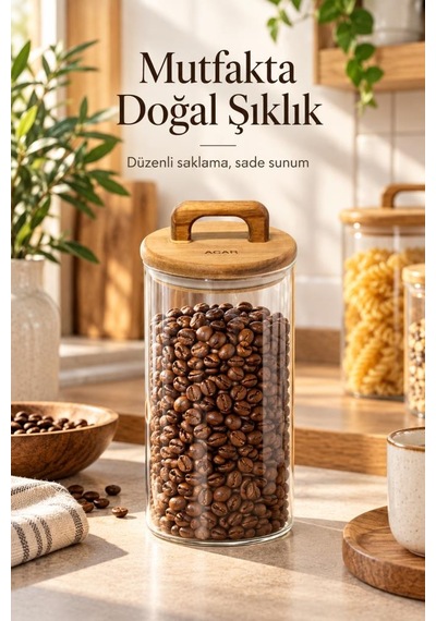 Atbyhome 9'lu Kulplu Ahşap Kapaklı Düz Cam Kavanoz Seti 1200 Ml - Vakumlu Borosilikat Erzak Bakliyat Kabı Ahşap - Şeffaf