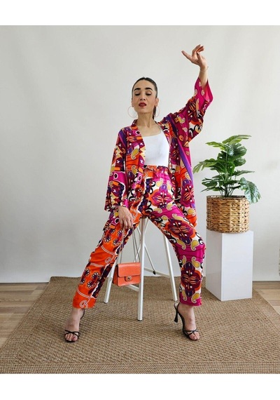 İpli Fuşya Renk Etnik Desenli Viskon Kumaş Kimono Takım Fuşya