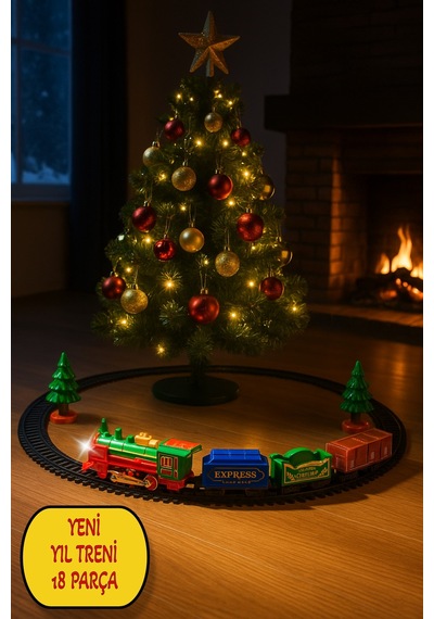 Işıklı Noel Tren Seti Yılbaşı Ağacı Yanı Raylı Oyuncak Pilli Tren Seti 18 Parça