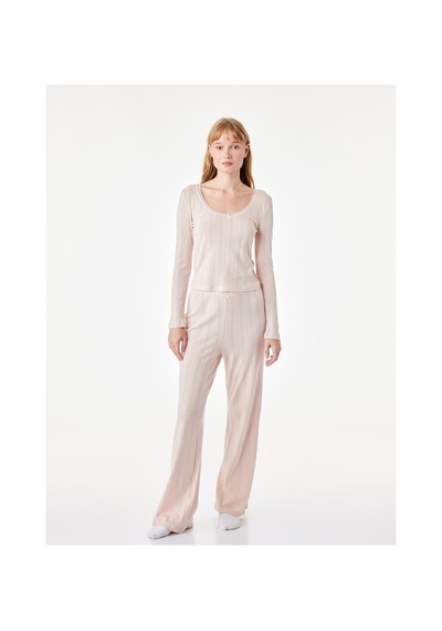 Koton Pamuklu U Yaka Fiyonk Detaylı Uzun Kollu Pijama Takımı Pembe 7wlk40212mk Gül