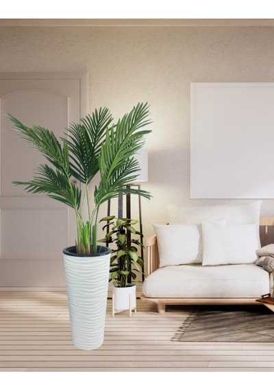 Yapay Areka Palmiye Ağacı Beyaz Kumsal Vazoda Yapay Ağaç 150cm 10 Yaprak