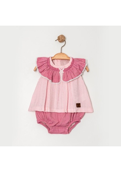 Ürünya Kız Bebek Çocuk Pamuklu Fırfır Yaka Sıfır Kol Çıtçıtlı Zıbın Pembe