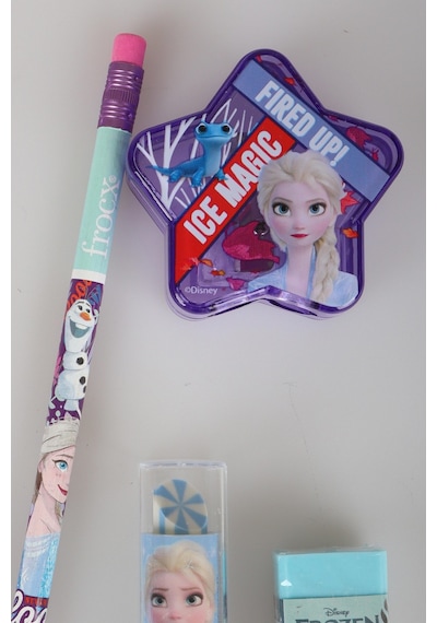 X Dekomus Lisanslı Elsa Frozen 3 Adet Silgili Kurşun Kalem,yıldız Kalemtraş,ruj Silgi Ve Silgi Seti Altın