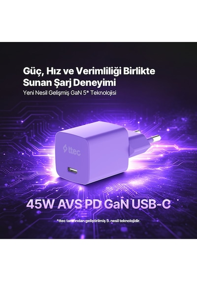 Ttec Smartcharger Gan 45W Avs PD Seyahat Hızlı Şarj Aleti + USB-C - USB-C 3A 120 CM Kablo Neon Mor