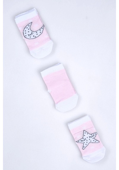 Cocole Socks Kız Bebek Soket Çorabı 3 Lü Set Pamuklu Pembe Ay & Yıldız Desenli Çok Renkli