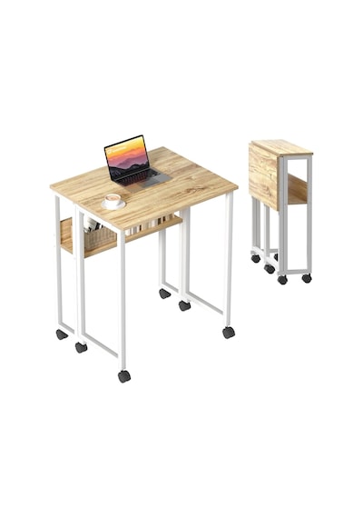 Sidney Kitaplık Raflı Katlanır Masa 70 Cm Tekerli Bilgisayar Masası Laptop Masası Beyaz - Çam Beyaz - Atlantik Çam