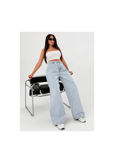 Kene Jeans Yüksek Bel Buz Kar Ön Arka Pensli Ön İşlemli Baggy Bol Paça Jeans Buz Kar