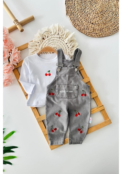 Miniğimin Cicileri Kiraz İşleme Detaylı Kız Bebe 2 Li Salopet... Gri