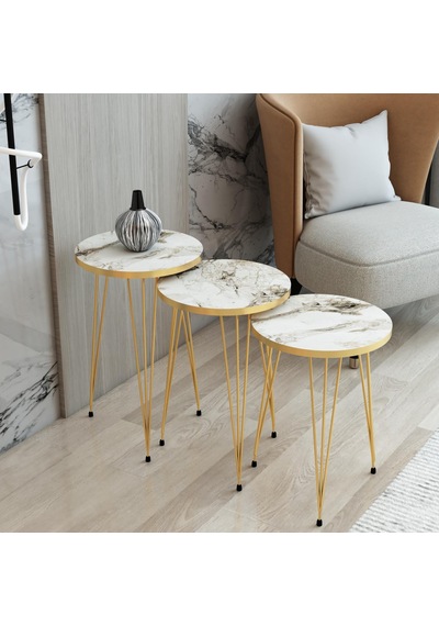 Beyaz Üçlü Zigon Sehpa,beyaz Zigon Sehpa,gold Metal Ayaklı Zigon
