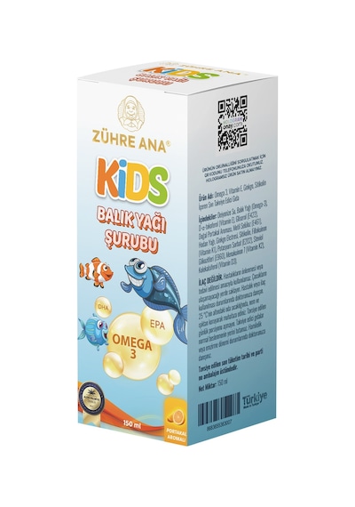 Zühre Ana Kids Çocuklar için - Omega 3 Balık Yağı Şurubu Vitamin Katkılı ve Portakallı 150 ML