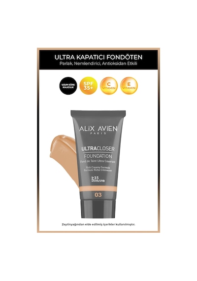 Alix Avien Ultra Kapatıcı Nemlendirici SPF35+ Faktör Ve E & C Vitaminli Fondöten Ultracloser Foundation 03