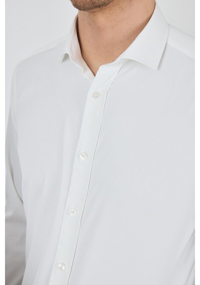 İmza Ekru Yarım İtalyan Yaka Cepsiz Gabardin Uzun Kol Slim Fit Esnek Gömlek 1004250235 Ekru