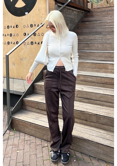 Madmext Kahverengi Beli Ayarlanabilir Geniş Paça Pantolon Mg2215 Kahverengi