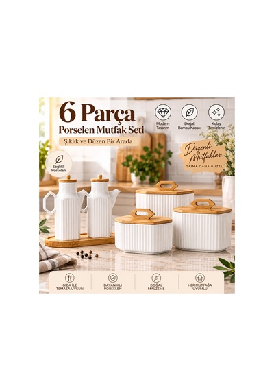 6 Parça Bambu Standlı 2 Li 1000 Ml Yağdanlık Ve 3 Lü Porselen Çay Şeker Tuz Kahve Kavanoz Seti Beyaz 692622131 Beyaz