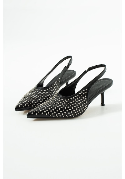 Duxal Shoes Joy Siyah Cilt Zımba Detaylı Sivri Burun Slingback Topuklu Ayakkabı