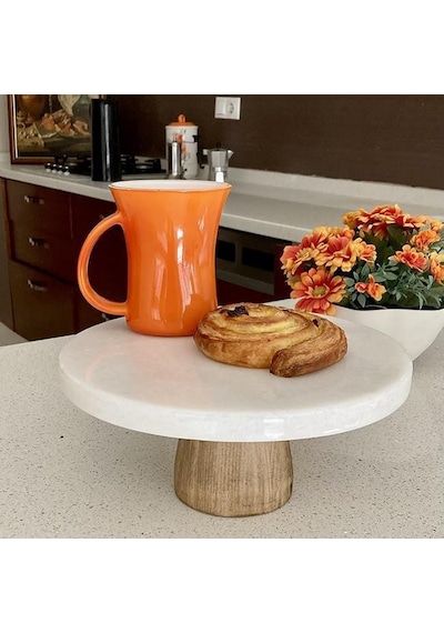 Akayev Mermer 28 Cm Konik Ahşap Ayaklı Beyaz Kalın Yuvarlak Sunum Tabağı Beyaz