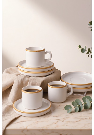 Keramika Mat Beyaz Gold Fileli Stackable Çay Takımı 8 Parça 4 Kişilik