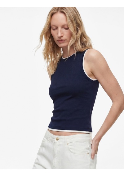 Koton Renk Kontrastlı Katmanlı Slim Fit Bisiklet Yaka Kolsuz Fitilli Bluz Lacivert 6sak10069ek