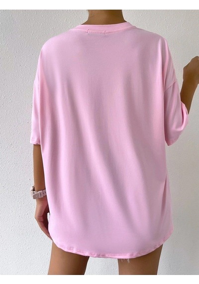 Flood Of Style Kadın Pembe Happıness Baskılı Oversize Tshirt