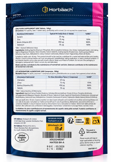 Horbäach Biotin & Keratin Çinko Ve Selenyum İçeren Takviye Edici Gıda 400 Tablet