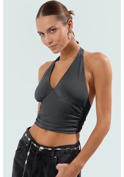 Ersefa Vücuda Oturan Boyundan Bağlamalı Crop Bluz Polyester Elastan Sand Antrasit
