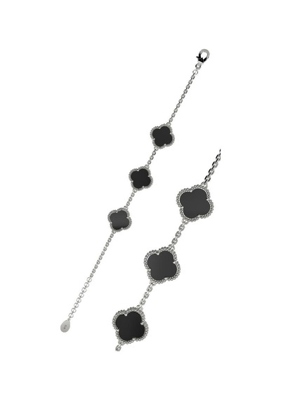 Roza Silver 925 Ayar Oniks Taşlı Rodyum Üçlü Yonca Gümüş Bileklik Rb10044