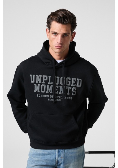 Grımelange Cassıan Erkek Önü Kabaran Baskılı Kapüşonlu Kordonlu Kanguru Cepli Siyah Sweatshirt Siyah