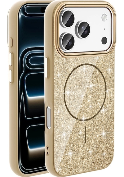 Apple Uyumlu iPad iPhone 17 Pro Max Kılıf M-safe Şarj Özellikli Parlayan Simli Zore Okso Kapak Gold