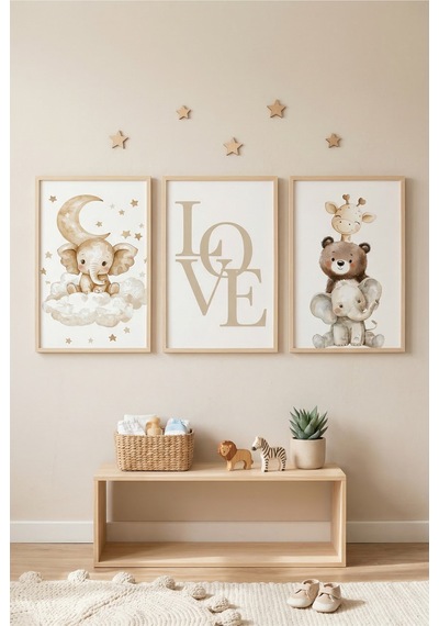 Doğal Ahşap Çerçeveli Love Yazılı Bebek Odası Hayvan Figürlü Duvar Tablosu 3 Lü Set Ahşap