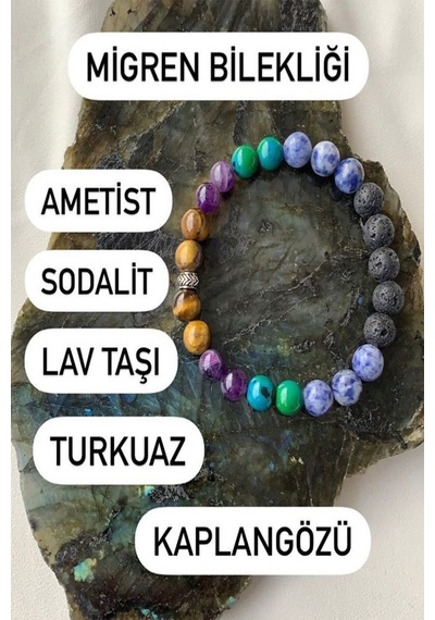 Doğal Taş Migren Bilekliği ( Ametist - Sodalit - Lav Taşı- Turkuaz - Kaplangözü ) Çok Renkli