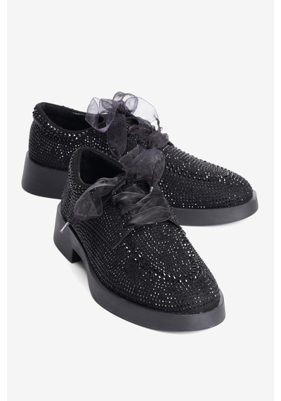 Mubiano Kadın Süet Loafer Oxford Taşlı Tül Bağcıklı Pera Siyah