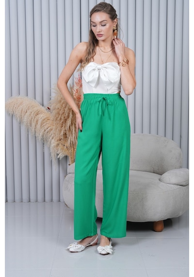 Polologin Butik Beli Bağcıklı Yüksek Bel Bol Paça Yeşil Pantolon Çok Renkli