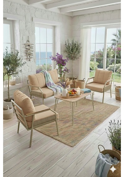 Ard & Garden Daisy Makrome Örgülü 211 Masalı Bej Balkon & Bahçe Mobilyası Seti Balkon Takımı Bej