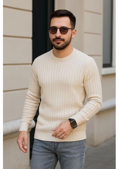 Efnaz Style Erkek Bisiklet Yuvarlak Yaka Triko Kazak Pamuklu Kalın Fitilli Dokuma, Regular Fit Uzun Kollu Kışlık Model - Bej