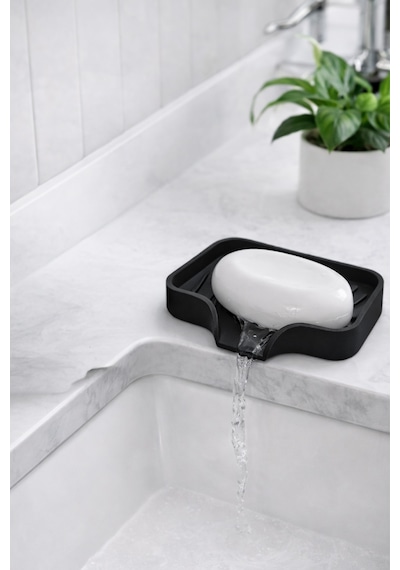 Silikon Mutfak, Banyo Su Giderli Vantuzlu Esnek Sabunluk Siyah Re