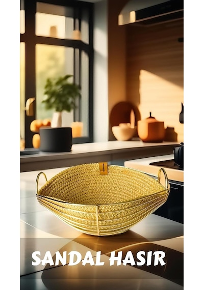 Singl Gold Metal Sandal Ekmeklik Ve Meyvelik Lüx Örgü Oval Ekmek Sepeti Sarı