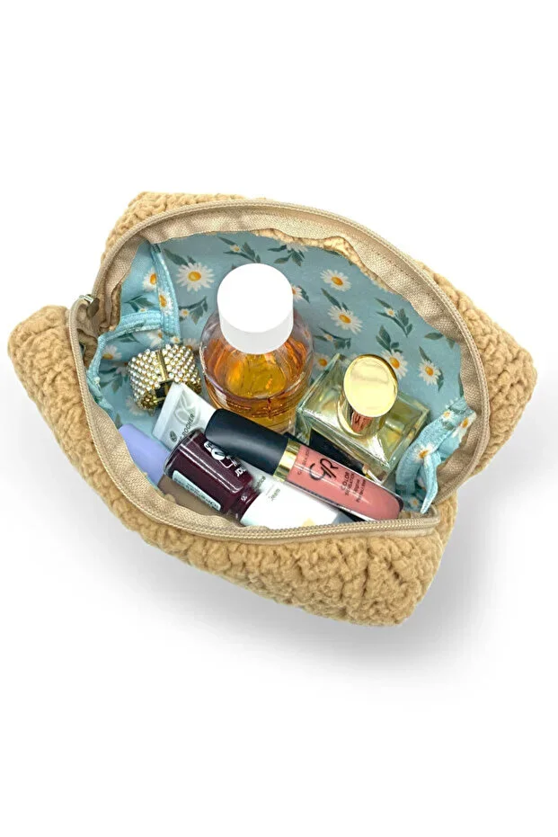 Singularis Premium Teddy Kumaş Seyahat Tipi Kozmetik Çantası Portatif Organizer Açık Kahverengi