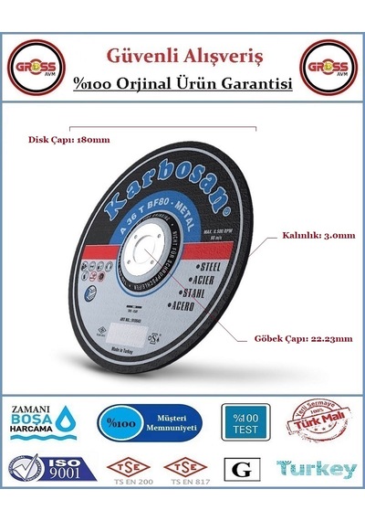 Karbosan Metal Kesme Disk Taşı - 180mm