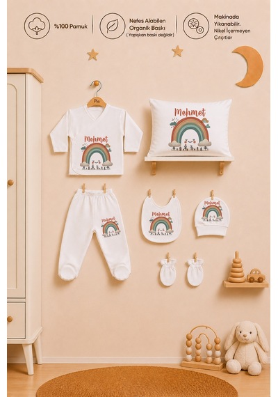 Pia Baby Kişiye Özel Erkek Bebek Zıbın Seti 6 Parça %100 Pamuk Hastane Çıkışı Yastık Kılıfı 1083yz0x Ekru