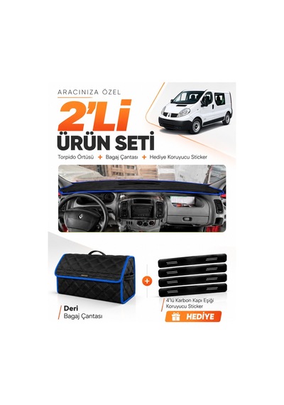E-biz Renault Trafic 2004-2010 Uyumlu Torpido Örtüsü + Deri Bagaj Çantası - Siyah-mavi - Re049
