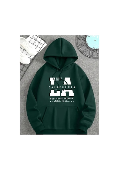 Herkesemoda California Baskı Detaylı İçi Polarlı Kapüşonlu Sweatshirt Yeşil