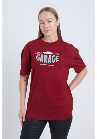 Kadın Oversize Baskılı T-shirt Bordo Garage Bordo