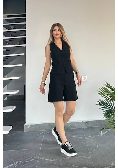 Tane Tasarım Kadın Yelekli Şortlu Takım Atlas Krep Esnek Kumaş Yazlık Yelekli Takım Siyah Siyah