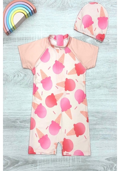 My Kids Wear Dalgıç Kumaş Gizli Fermuarlı Boneli Karakter Desenli Kız Çocuk Mayo Mercan - Pembe